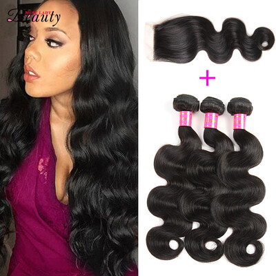 

Brazilian Virgin Hair Body Wave with Lace Closure 3 Bundles with Closure Natural Color