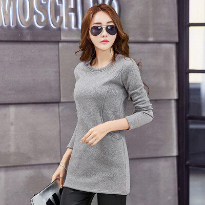

2017 autumn and winter new plus velvet thick in the long paragraph sets of round neck sweater double pockets waist ladies