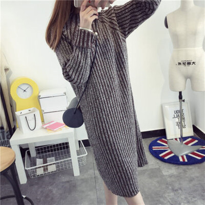 

Semi-high collar collar sweater in the long section of women's Slim thin thin vertical striped sweater dress