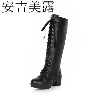 

安吉美露秋新款休闲系带马丁靴女高筒中粗跟厚底学生女靴大小码33-43