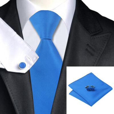 

N-0850 Vogue Men Silk Tie Set Blue Solid Necktie Handkerchief Cufflinks Set Ties For Men Formal Wedding Business wholesale