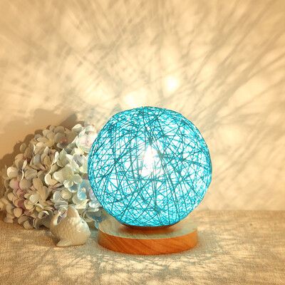 

BOKT Minimalist Solid Wood Table Lamp Bedside Desk Lamp Colourful Home Decor Rattan Ball Round Lampshade (Blue)