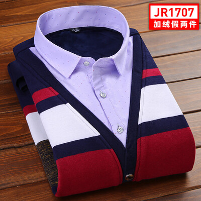 

Business Gentleman Men Long Sleeve Shirt Winter Stitching Color Silm Fit Fake Two Pieces High Quality Keep Warm