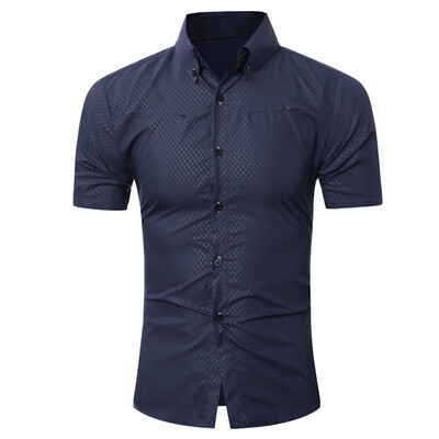 

Brand 2017 Fashion Male Hawaiian Shirt Short-Sleeves Tops Small Grid Solid Color Mens Dress Shirts Slim Men Shirt 5XL