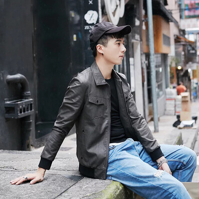 

Fall men's leather 2017 new fashion handsome Slim type leather jacket youth jacket thin section