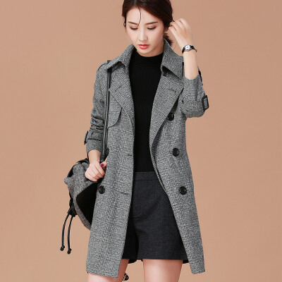 

City plus CIYPLUS 2017 autumn&winter new women in the long section of the lattice windbreaker double breasted belt wild loose jacket CWDY179162 light gray XL