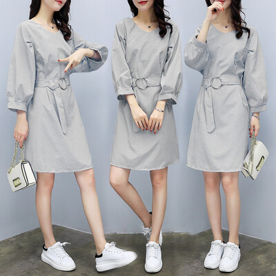 

2017 autumn new women's v-neck high waist stripes loose dress puff sleeves dress women with belt EG1010