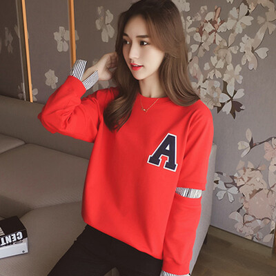 

JOY OF JOY 2018 autumn new loose sweater womens double-layer sleeve stitching shirt long-sleeved round neck shirt female JWWY178943 red