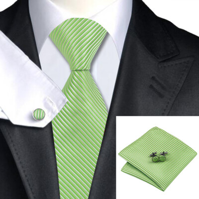 

N-0858 Vogue Men Silk Tie Set Green Stripe Necktie Handkerchief Cufflinks Set Ties For Men Formal Wedding Business wholesale