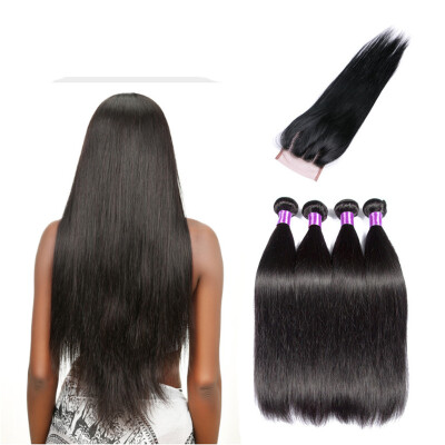 

SQ Hair 8A Straight Human Hair Bundles with Closure 4 Bundles Unprocessed Straight Brazilian Virgin Hair with Closure