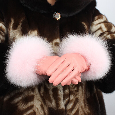 

Ladies sheepskin warm gloves big fox fur leather gloves