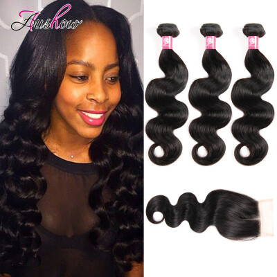 

8A Malaysian Virgin Hair Body With Closure Human Hair Bundles With Lace Closures Aushow Hair Products With Closure Bundle