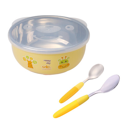 

Rikang childrens tableware stainless steel bowl stainless steel spoon newborn spoon 3 piece set powder yellow