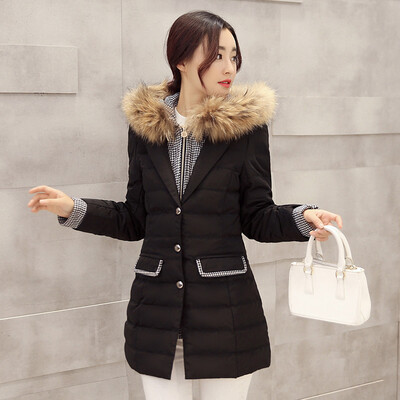 

Duck YAYA B-5429 down jacket female fur collar stitching houndstooth fake two down jacket long coat black 175