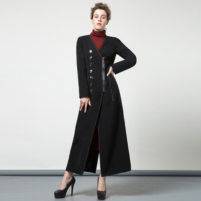

DF · RS New autumn&winter long section of windbreaker coat female black v-neck long-sleeved split knee coat
