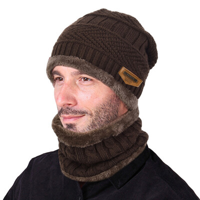 

2pcs Men Winter Warm Knitted Hat Beanie Set Thicken Soft Fleece Lining Hat Cap with Circle Scarf Outdoor Hat