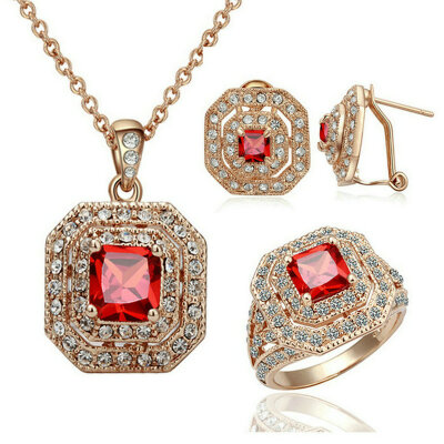 

Yoursfs® Vintage Ruby Necklace and Earring and Ring Sets 18K Rose Gold Plated Used Austrian Crystal