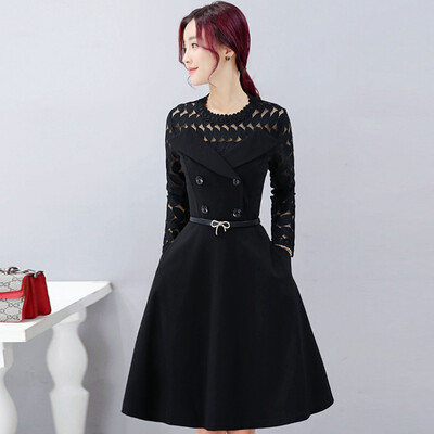 

Fort Sheng 2017 new women's autumn dress in the long section of temperament ladies Slim A word skirt solid color hollow elegant zx1782303 deep purple