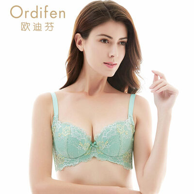 

Ou Difen dream lace 34 side closed bra gathered on the bra big cup thin section underwear XB6325 floral green D80