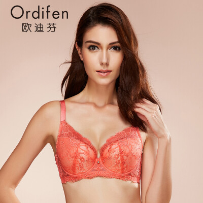 

Ou Difen ladies bra gathered big breast bra sexy embroidery 34 cover thin section underwear XB6362 coral orange 75C