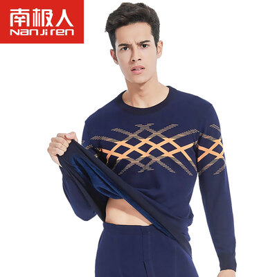 

Antarctic thermal underwear men's round neck prints plus velvet thickening underwear Slim winter youth fashion autumn clothes autumn pants suit male gray red stripes