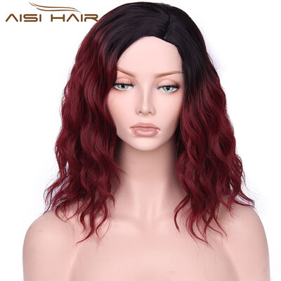 

AISI HAIR Синтетический тень Красный синий розовый парик для черных женщин 14 "Длинная волна воды Ложные волосы