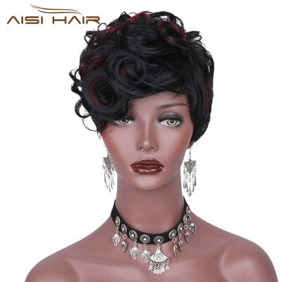 

AISI HAIR short curly wig with bangs synthetic pixie wigs for women side part Black Full Wigs Heat Resistant Fiber Wig
