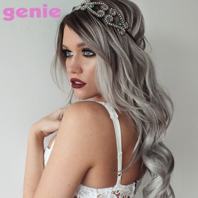 

GENIE 26" Womens Black To Grey Ombre Wig Long Curly Heat Resistant Synthetic Hair