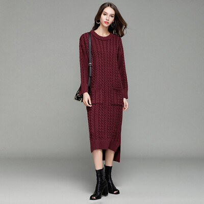 

2017 autumn and winter new twist flower plus long sets of sweaters women woven dress