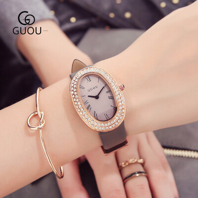 

GUOU Fashion Gold Bracelet Watch Women Leather Strap Watches Luxury Brand Ladies Rhinestones Quartz Watch