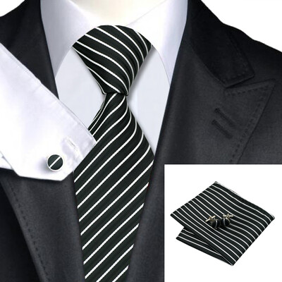 

N-0394 Vogue Men Silk Tie Set Black Stripe Necktie Handkerchief Cufflinks Set Ties For Men Formal Wedding Business wholesale