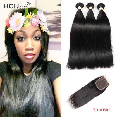 

HCDIVA Brazilian Virgin Hair Straight 3 Bundles with Closure Three Part Straight Human Hair Bundle with Closure