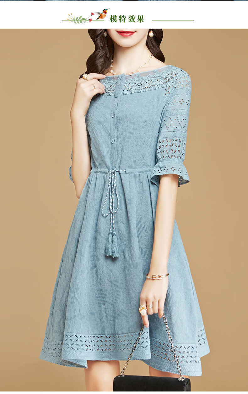 2020春秋新款五分袖显瘦a字裙时尚气质镂空蕾丝边拼接棉连衣裙女  