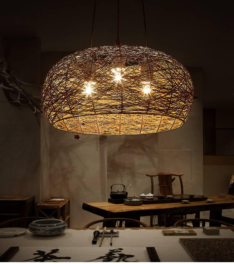 茶室吊灯中式麻线藤编创意灯东南亚民宿日式餐厅火锅店禅意吊灯椭圆款