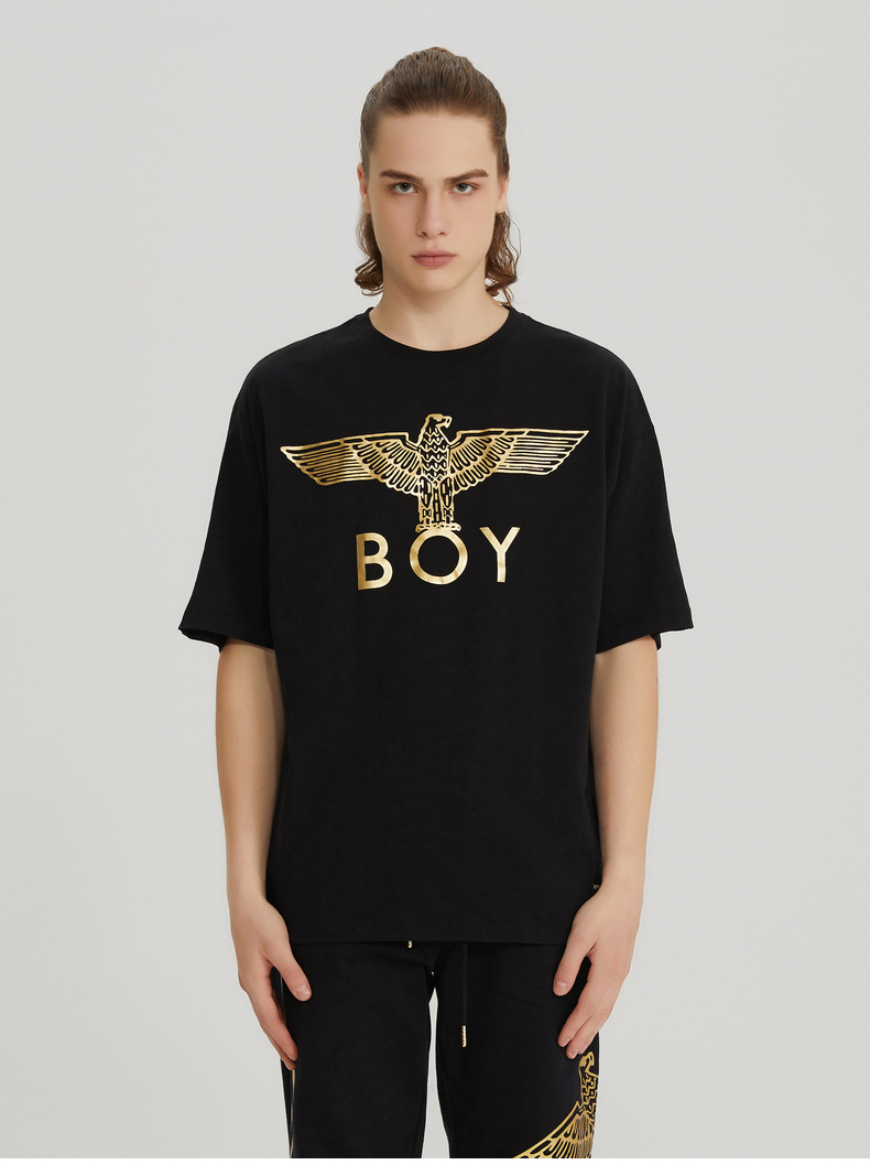 boylondon旗舰官网20秋冬经典黑金印花宽松潮流情侣短袖t恤404202黑色