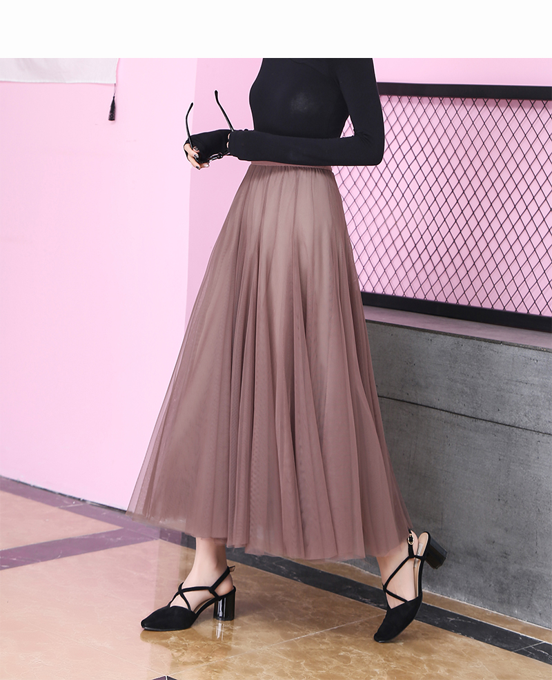 春季春天网纱群沙裙子半身裙蓬蓬裙过膝女a字半裙百褶裙中长款黑色纱