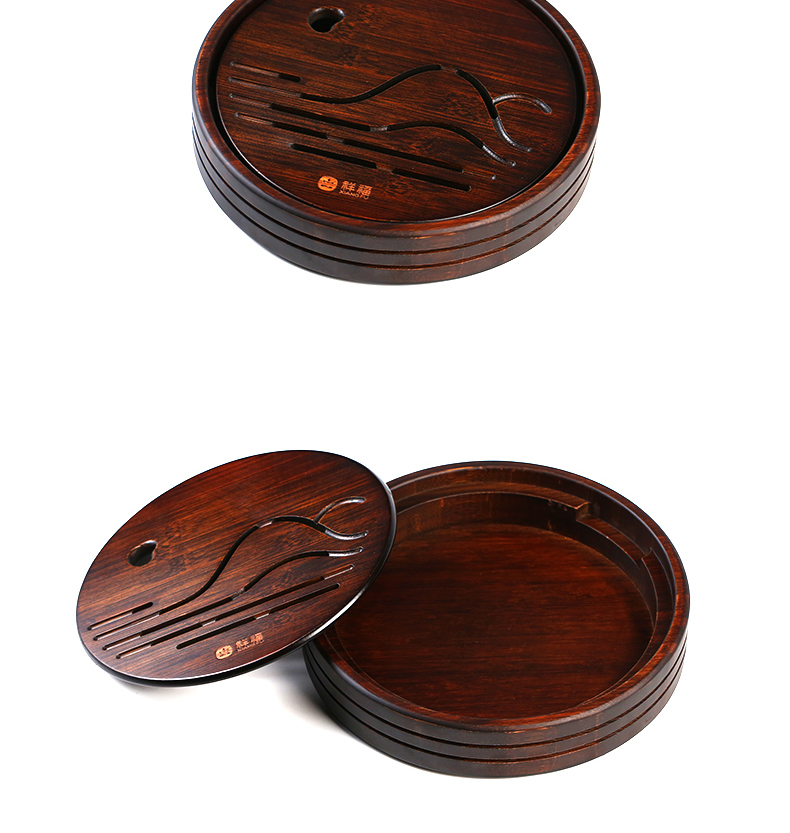祥福竹茶盘古悦堂圆形茶盘家用竹制储水式宜兴功夫茶具茶海茶台配件