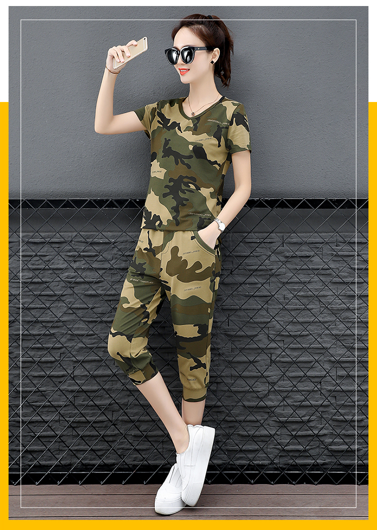 aokeda奥客达夏装韩版新款迷彩服女士宽松时尚v领短袖t恤大码短裤七分