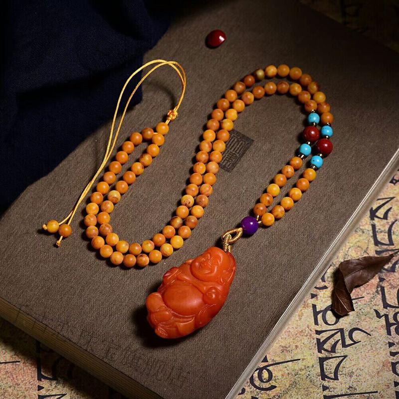 波罗地海鸡油黄老蜜蜡大肚弥勒佛吊坠男女款笑佛秋冬毛衣项链挂件 鸡