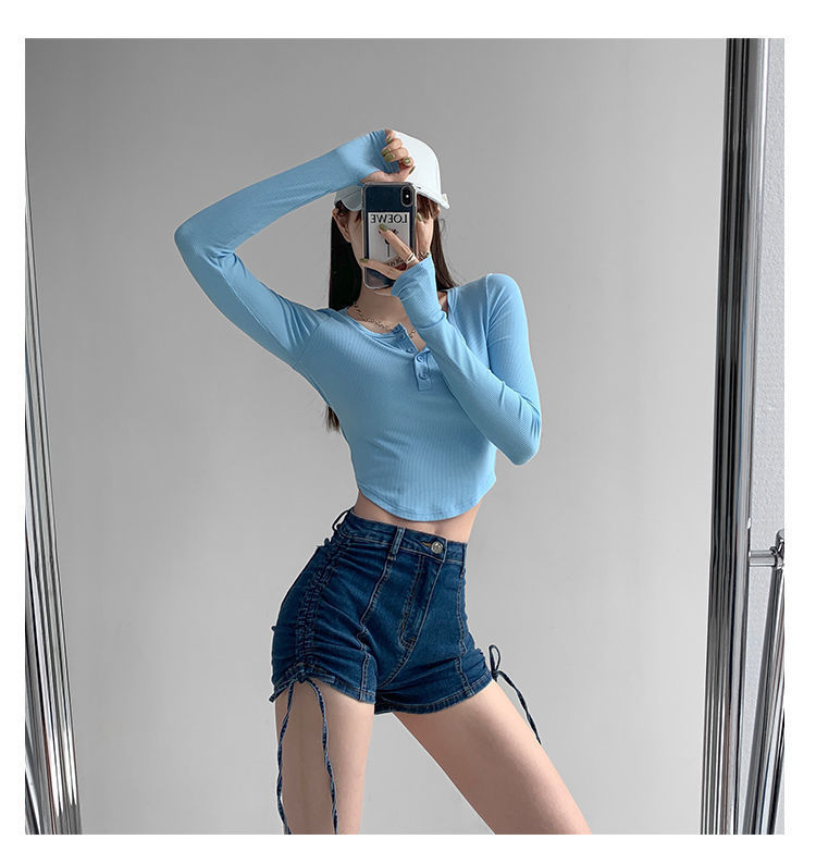 短装t恤女露脐装性感露脐长袖女t恤辣妹风春秋季新款套指长袖t恤女