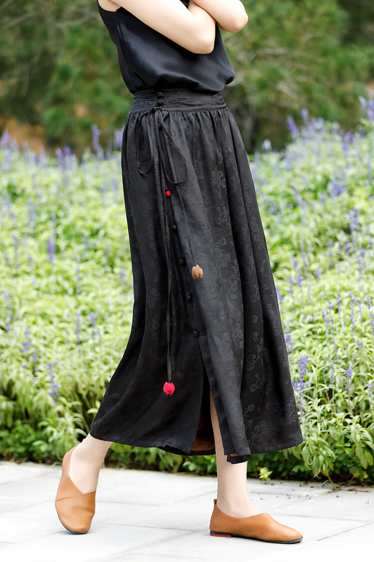 法士隆高档月照人重磅提花黑色真丝香云纱半身裙女中式飘逸a字长裙子