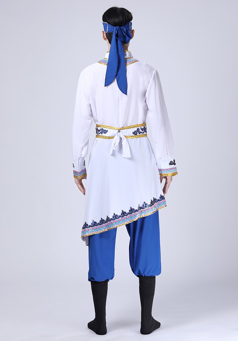 蒙古族服装男夏装蒙古袍蒙古舞台演出摔跤舞骑马舞舞蹈演出服饰 白