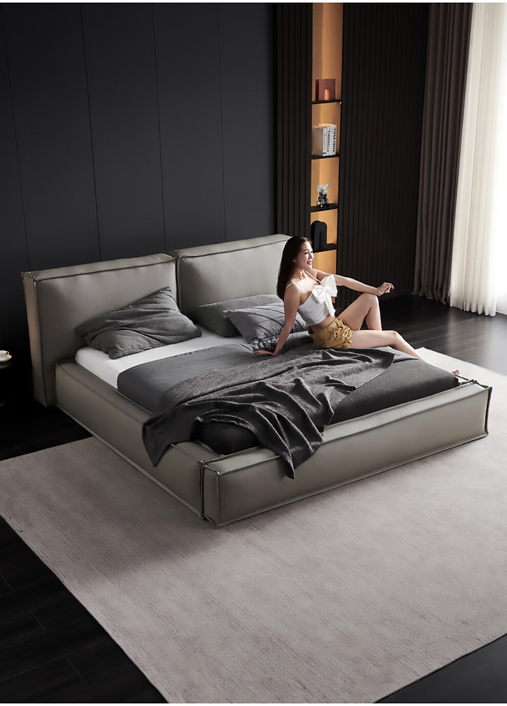 【买床送床垫】现代海马 床 豆腐块床落地嵌入式床灰色真皮矮床羽绒