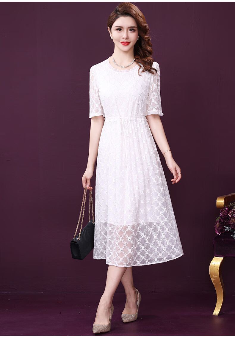 王小鸭桑蚕丝连衣裙夏2022新款女仙收腰系带温柔优雅真丝刺绣裙白色l