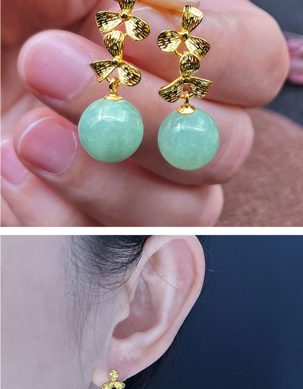 周定福翡翠圆珠耳环银花花耳钉宝石耳坠精致耳环设计全新