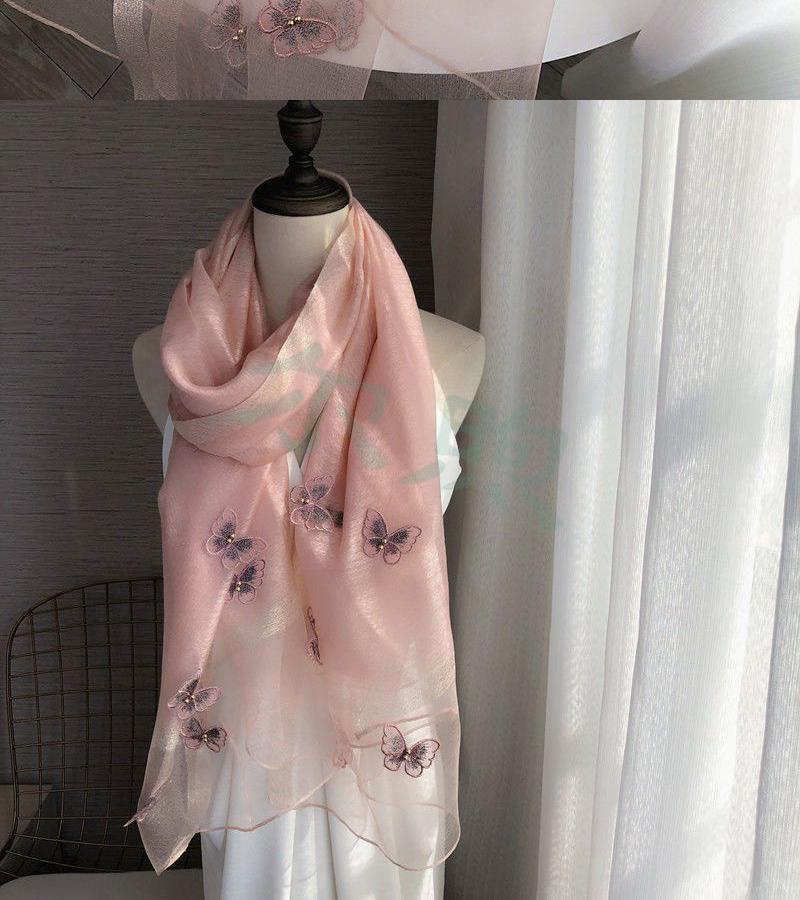 尔煦纱巾妈妈围巾桑蚕丝巾长款绣花蝴蝶披肩女士浅粉