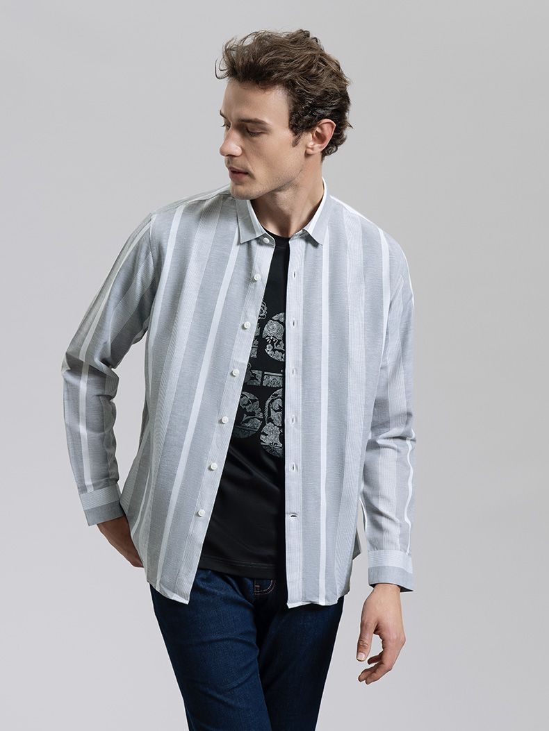 金利来衬衫男2022新款官方直发简约宽条纹立领休闲长袖专柜同款男士