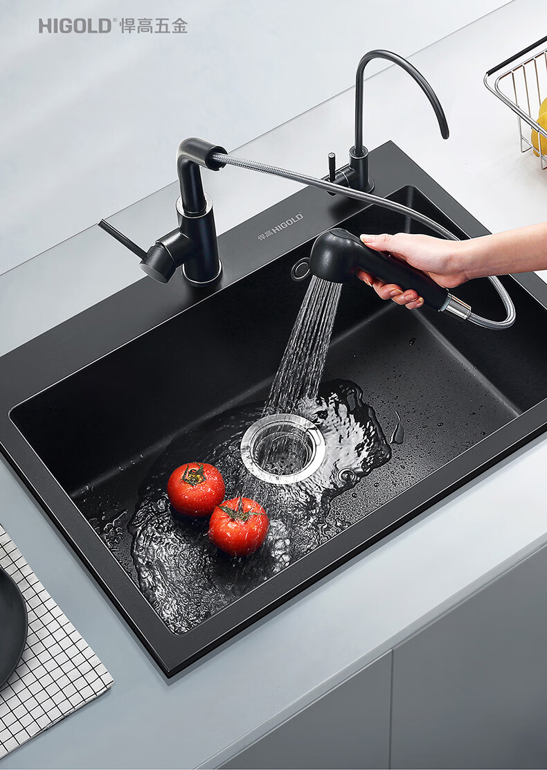 悍高(higold)og系列厨房石英石水槽洗菜盆单槽黑色花岗岩洗碗槽水池台