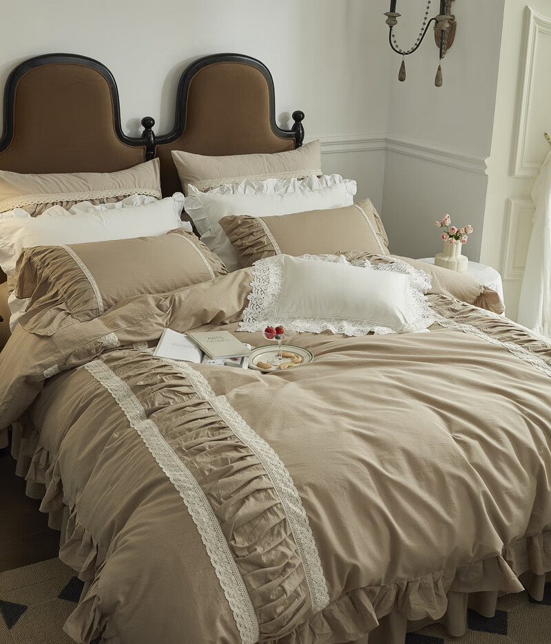 素色锦ins少女韩式公主风纯色蕾丝全棉四件套纯棉公主风卡其色荷叶边