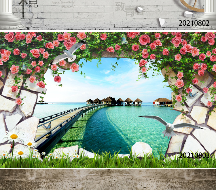 工业风砖墙藤蔓绿植壁纸遇见烧烤火锅奶茶店墙纸餐厅饭店装饰壁画